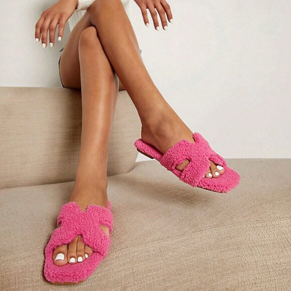 Hot Pink Fuzzy plush slide sandals - Picture 2 of 4